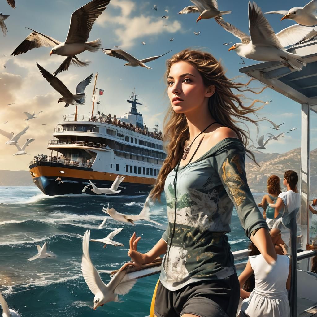 Greek Ferry Scene with Seagulls and Mermaids