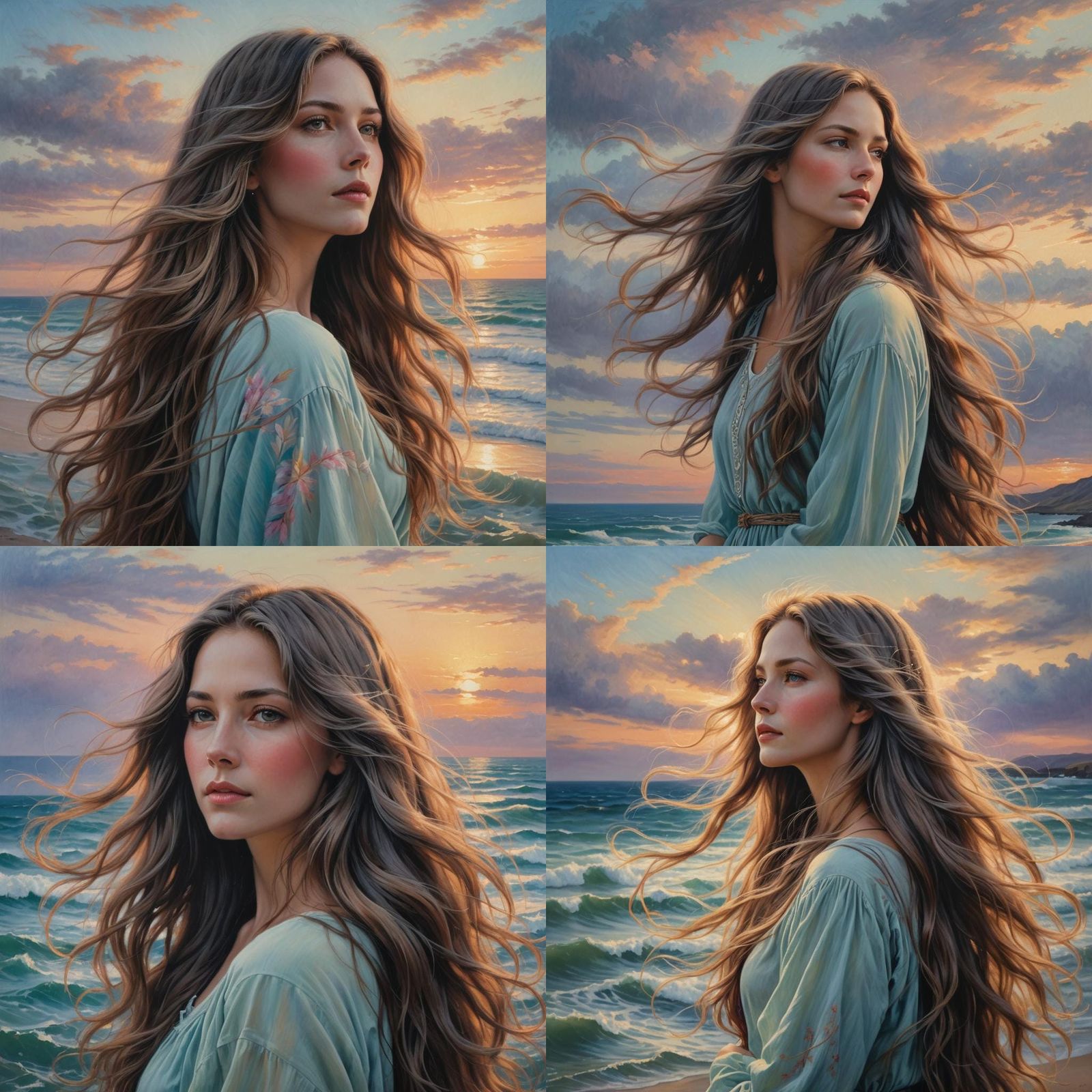 Pastel Portrait of a Woman with Flowing Hair