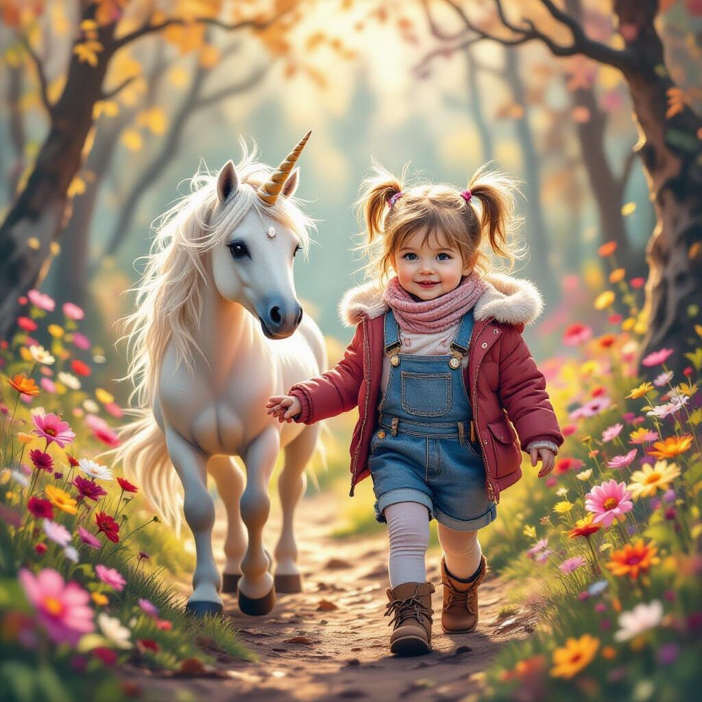 Toddler and Unicorn in Enchanted Forest: Pulp Art Style