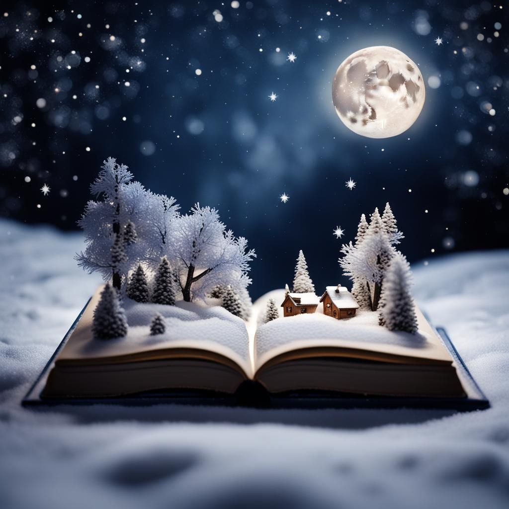 Miniature Winter Riverscape Emerging from Antique Book