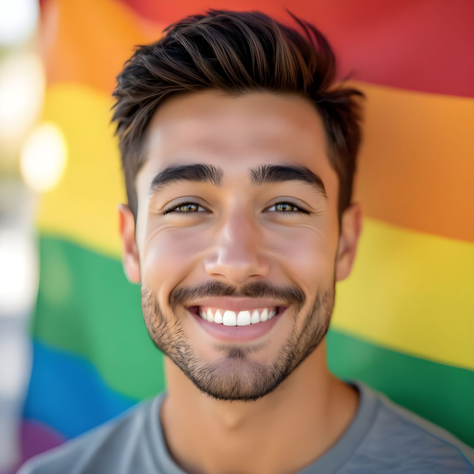 Young Man Smiling Against Vibrant Pride Flag Background