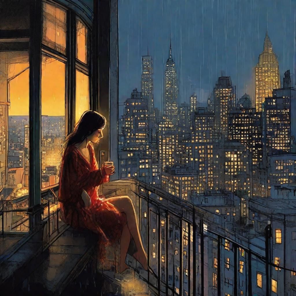 Lady Reflects on Rainy New York Night