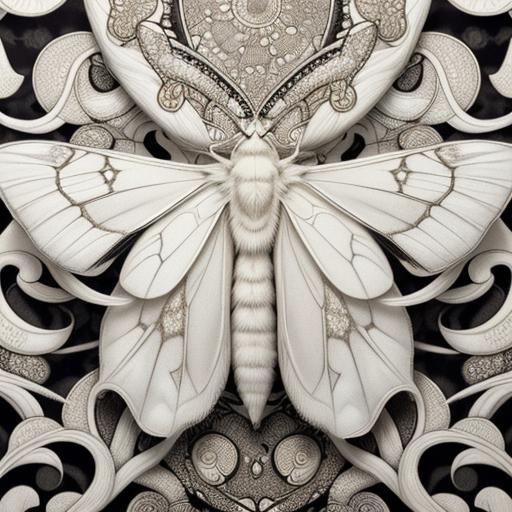 White Silk Moth on Japanese Fabric, Fornasetti Style