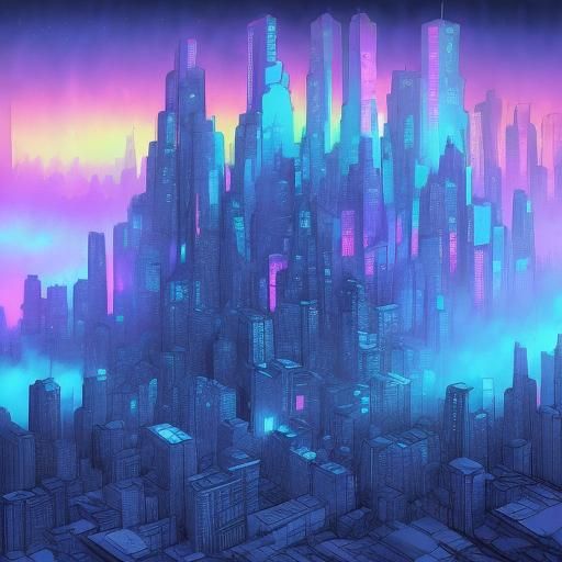 Surreal Neon Cityscape in Digital Watercolor