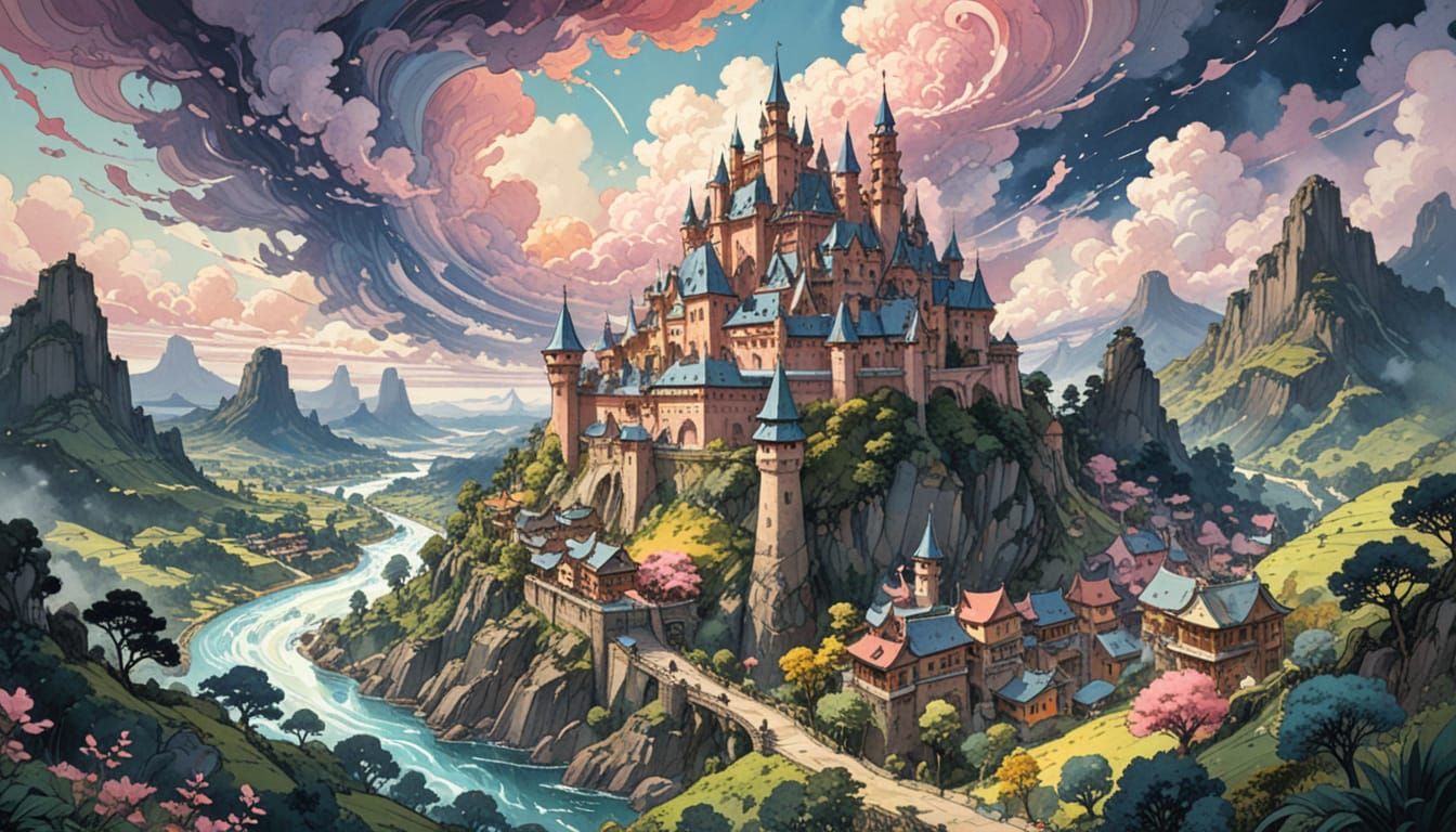 Whimsical Castle Filling a Valley in Vibrant Pen and Ink Sty...