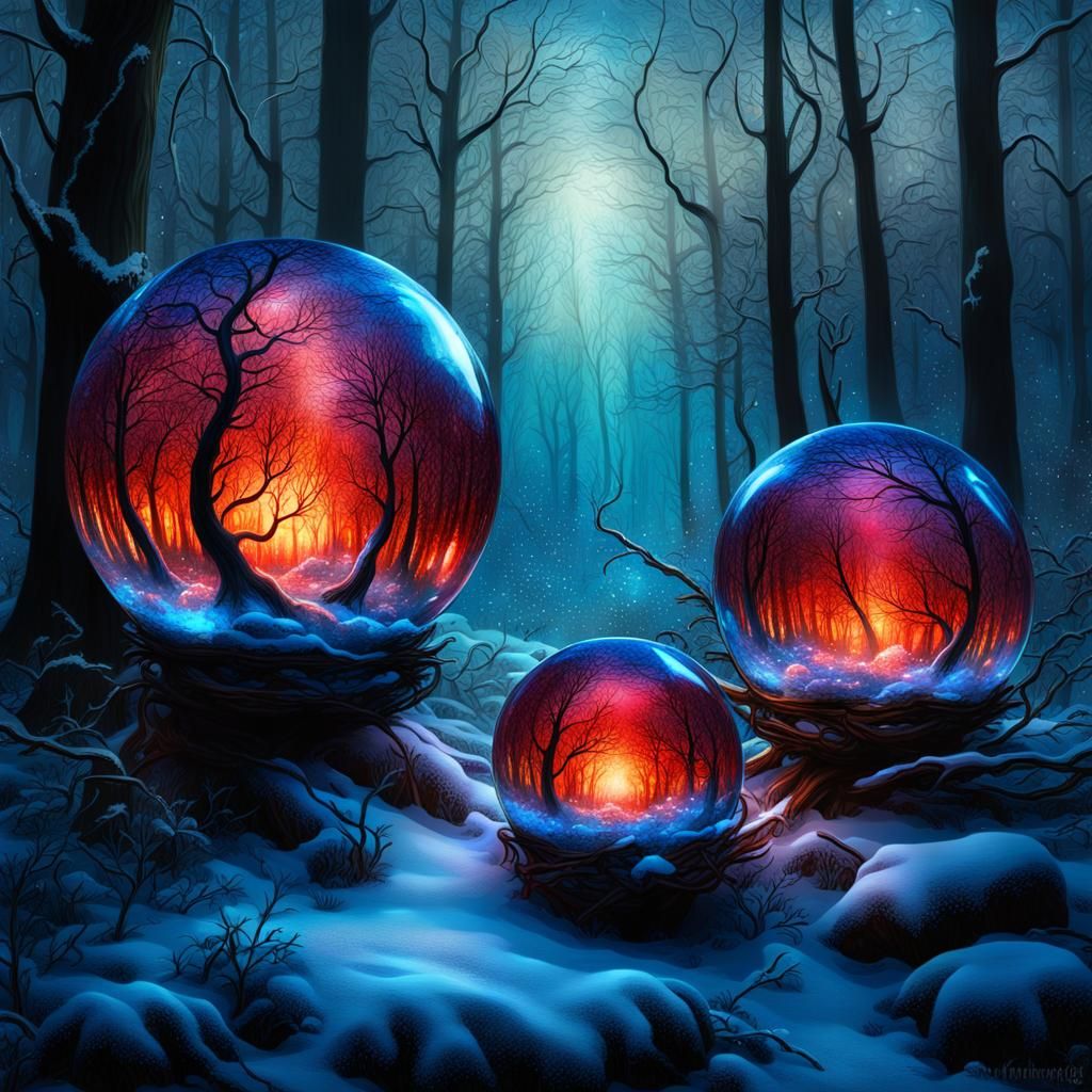 Bioluminescent Spheres in a Winter Wood