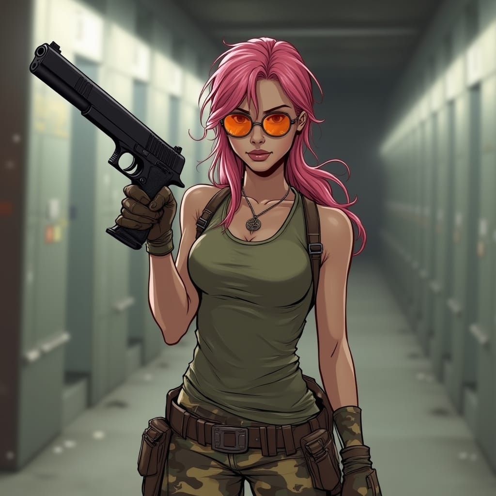 Camo Lara Croft with Desert Eagle, Comic Book Art