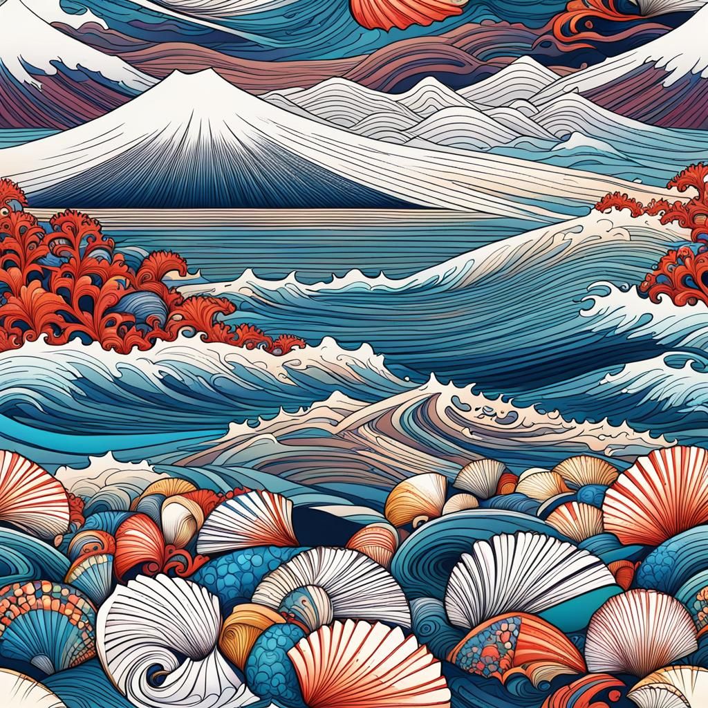 Seashells on Japanese Beach with Mt. Fuji