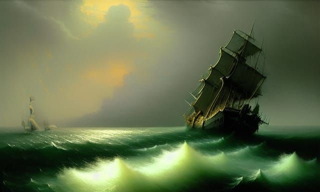 Ghost Ship Sailing Through Luminous Green Clouds