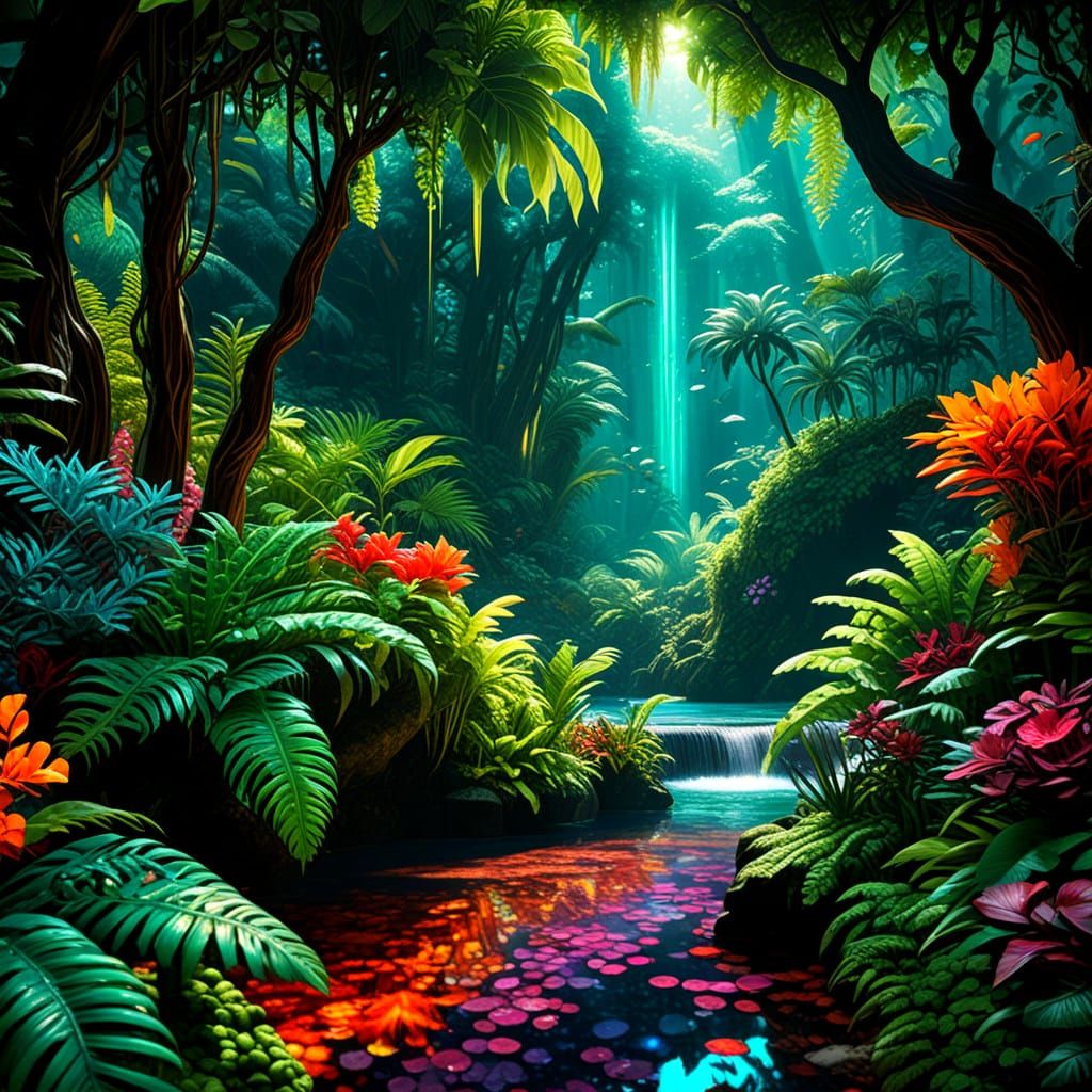 Surreal Gemstone Forest in Vibrant Tropical Style