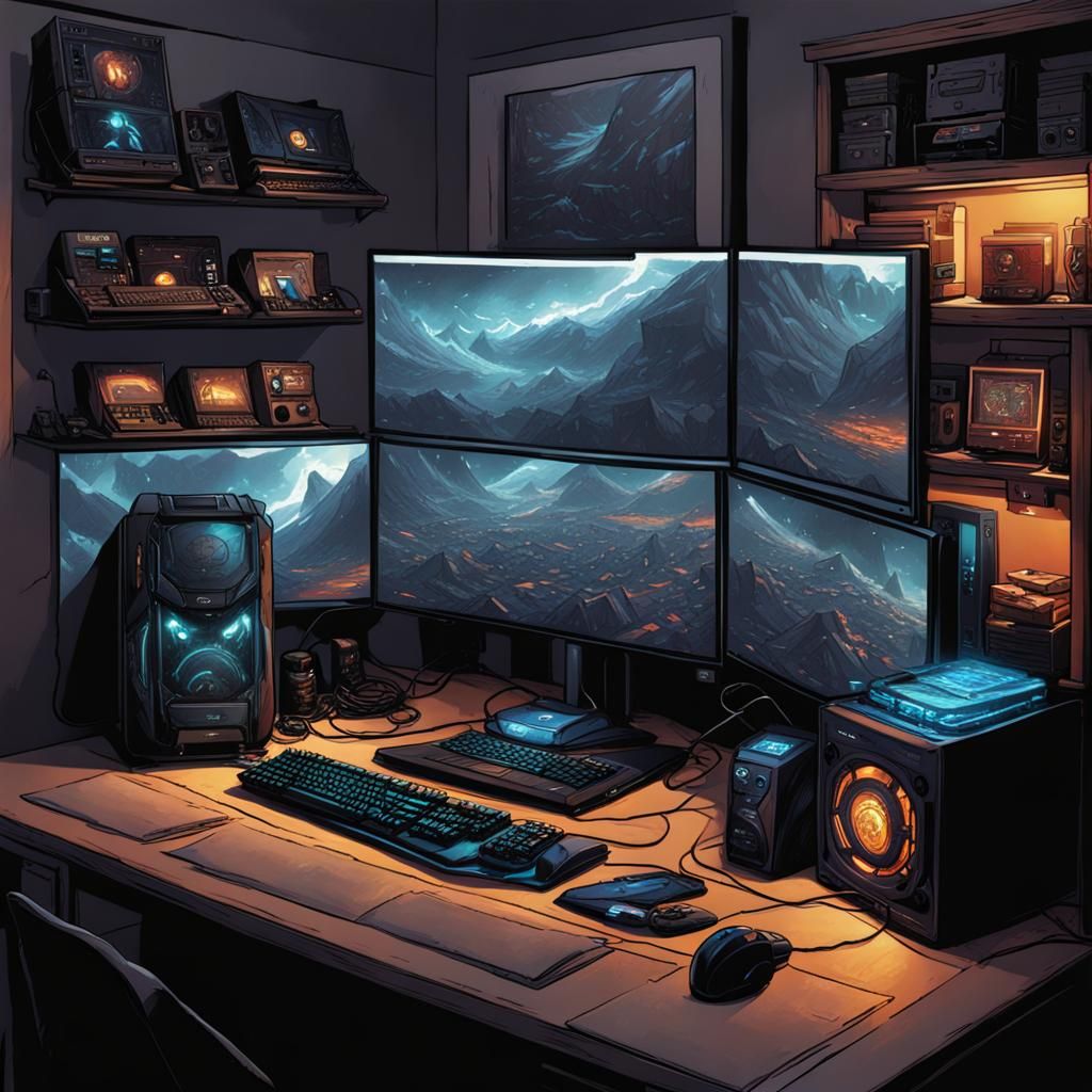Gaming PC Setup in Stadium, Comic Book Art