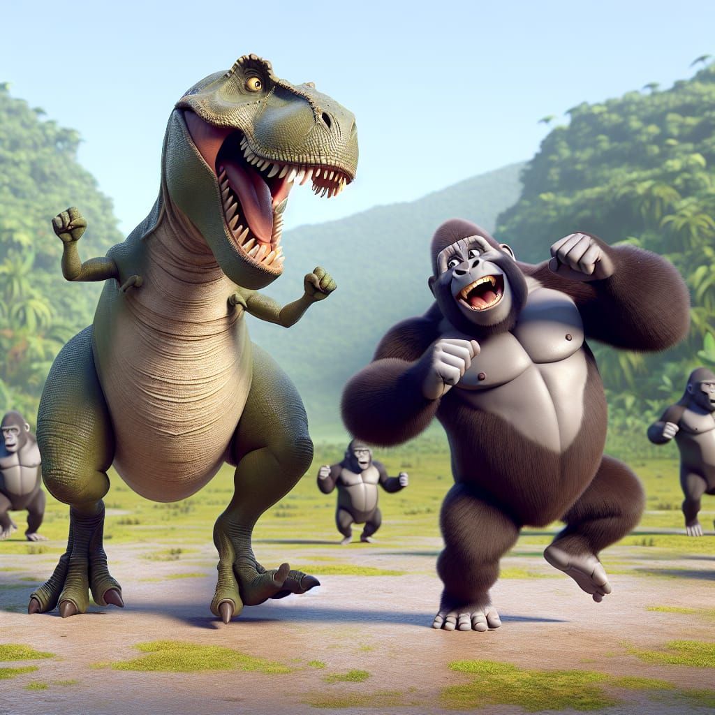 Colorful Cartoon Dance Scene of a T-Rex and Gorilla in a Pre...