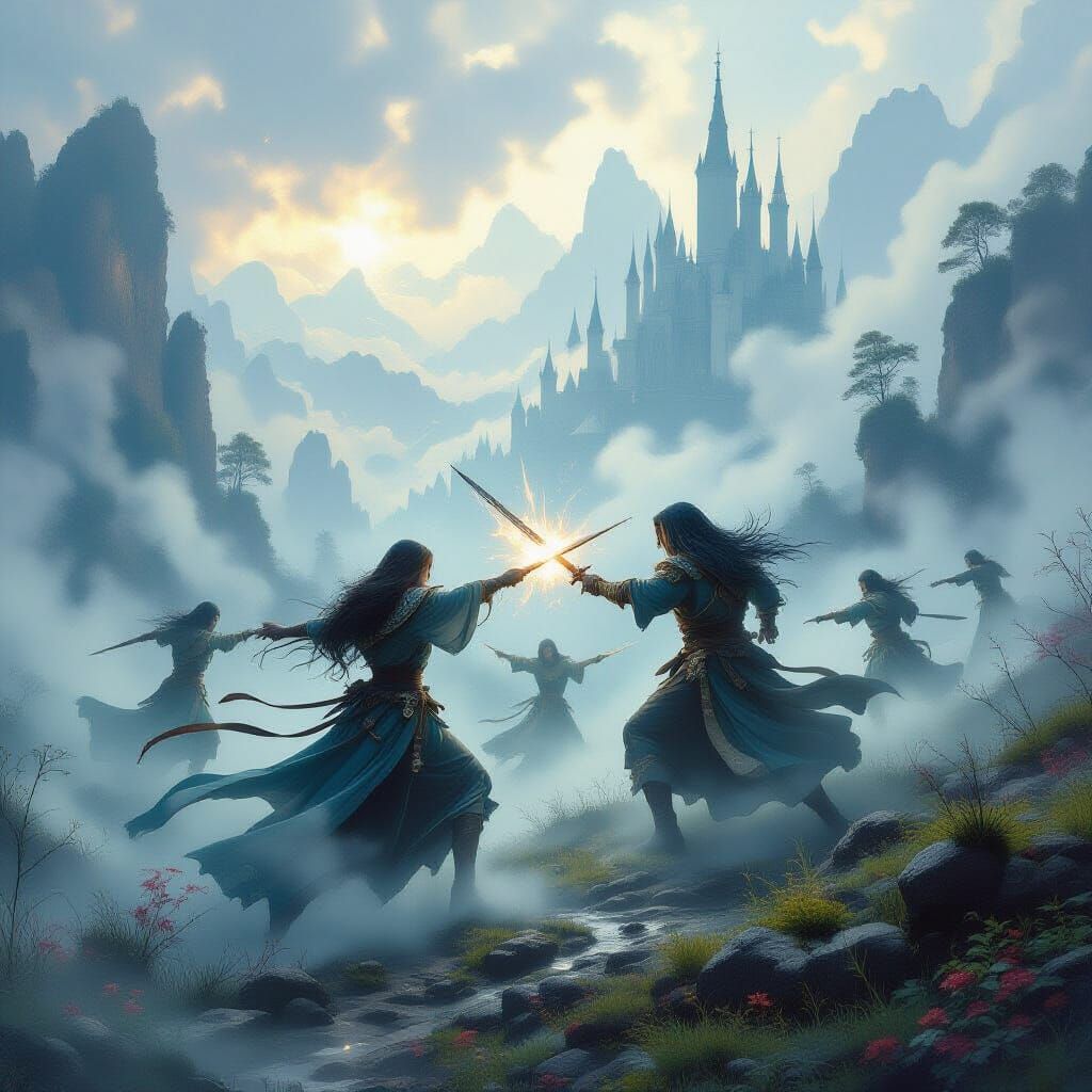 Ethereal Warriors Clash in Mystical Landscape