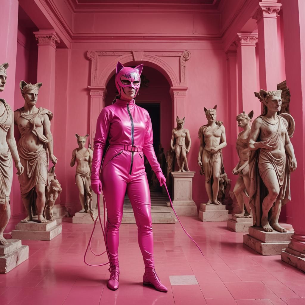 Masked Woman in Pink with Greek Statues