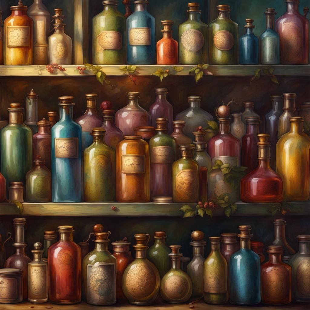 Apothecary and Ancient Bottles in Hyperrealistic Style