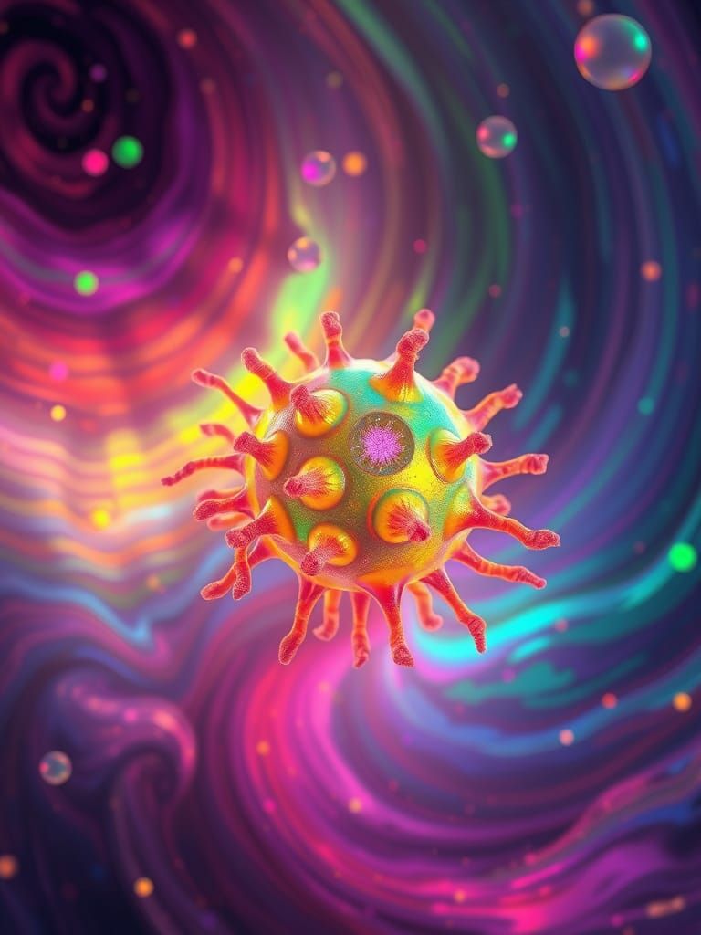 Glowing Microbe with Iridescent Swirls in Sci-Fi Style