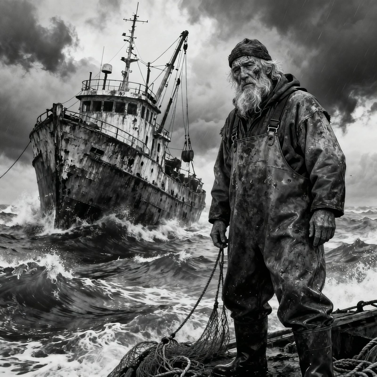 Ancient Fisherman Beside Stormy Trawler in Black and White S...