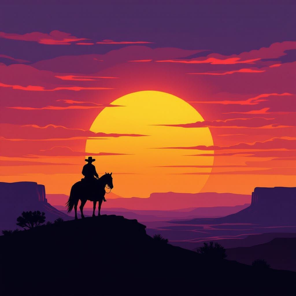 Lone Cowboy Silhouette on Ridge at Dusk - Western Film Poste...
