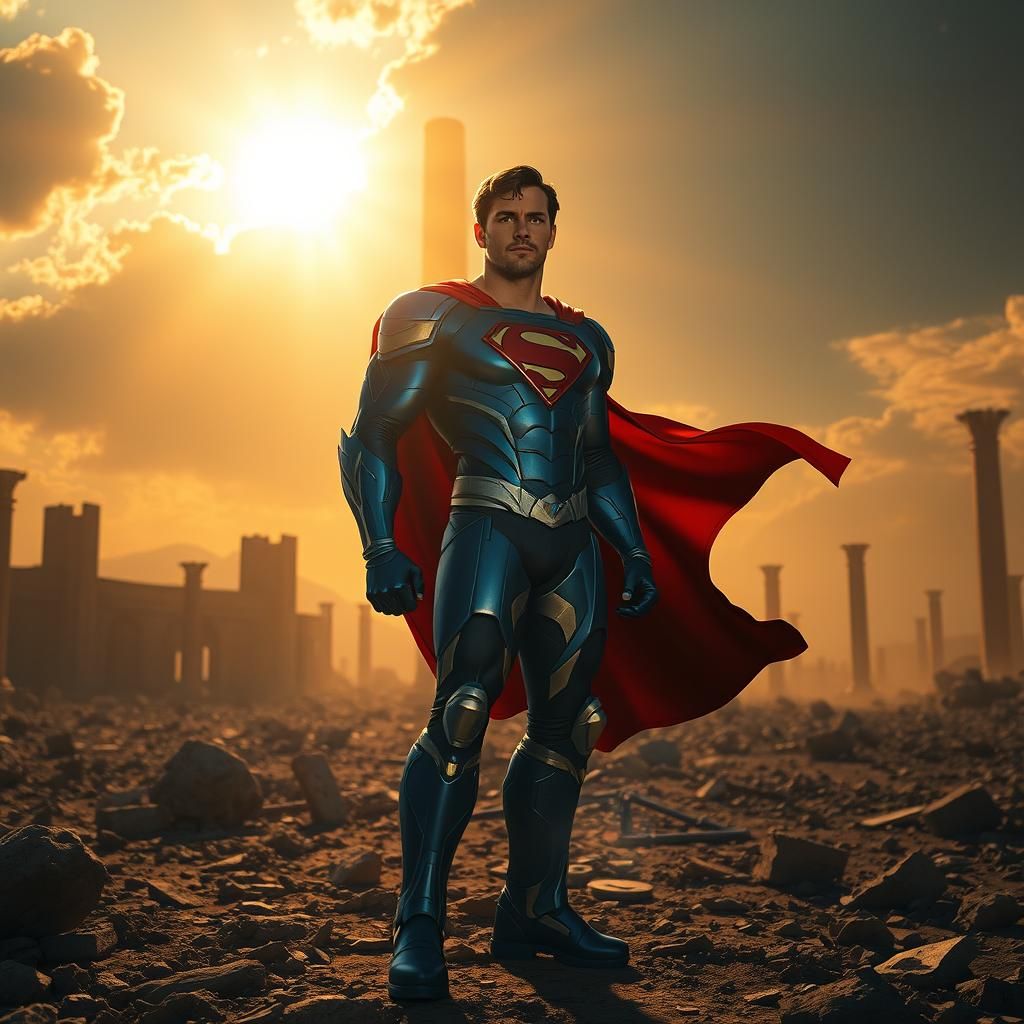 Superboy Prime in Ruins at Sunset: Comic Book Style