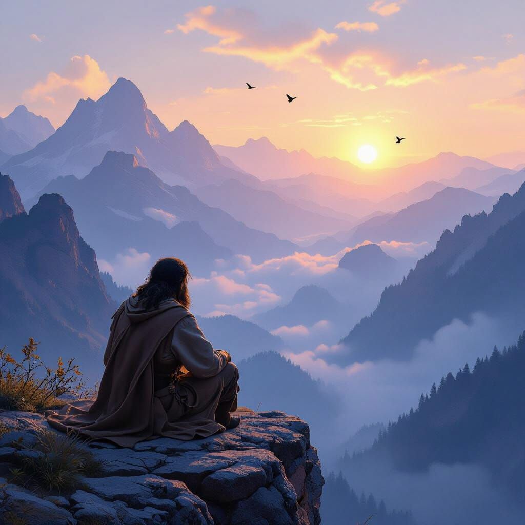 Poet Contemplates Misty Mountains at Sunrise