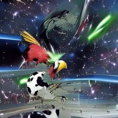 Parrot Versus Cow: Space Battle in Comic Art Style
