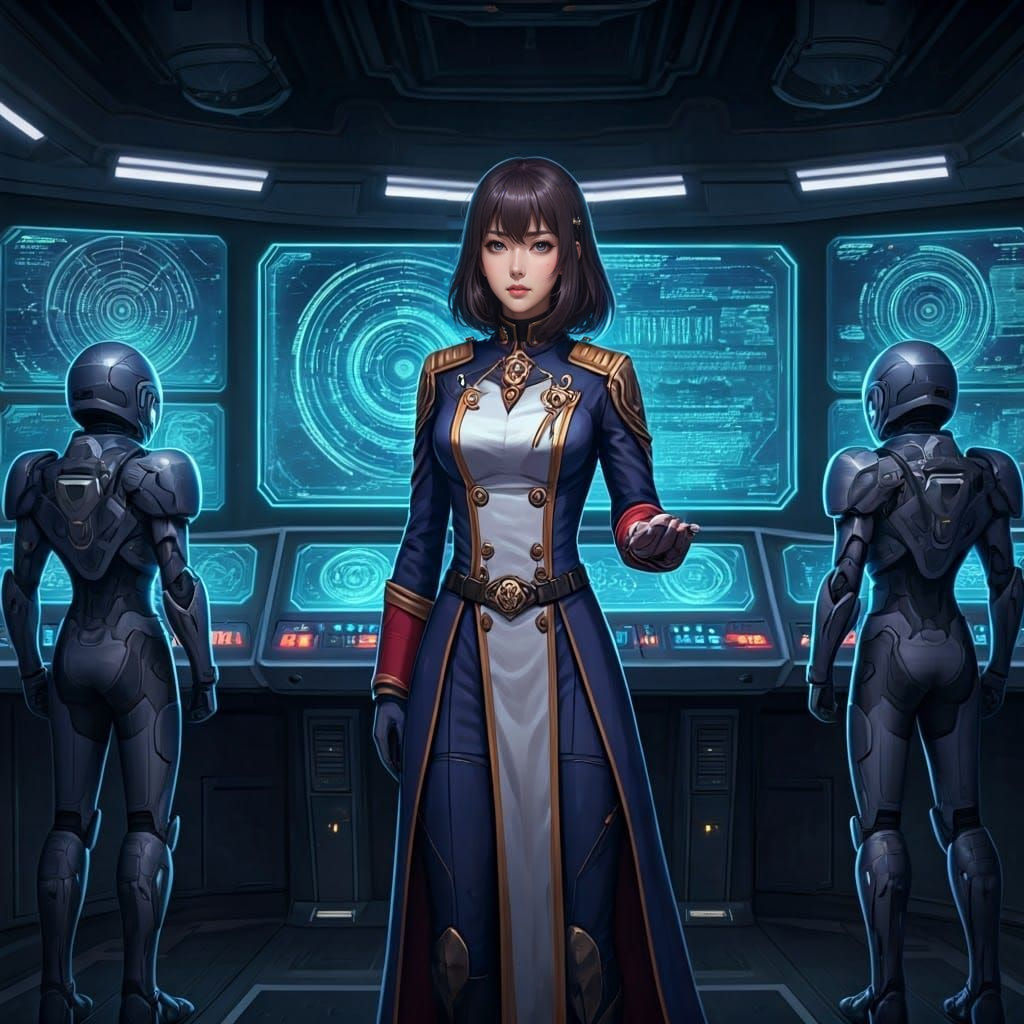 Female Space Commander in Anime-Style Battleship Command Roo...