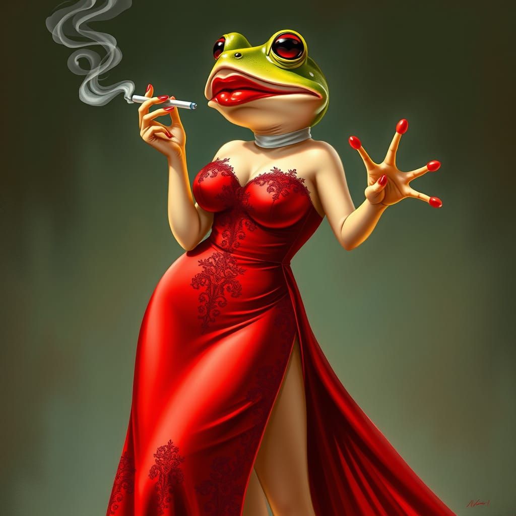 Glamorous Frog in Red Gown, Pin-Up Art