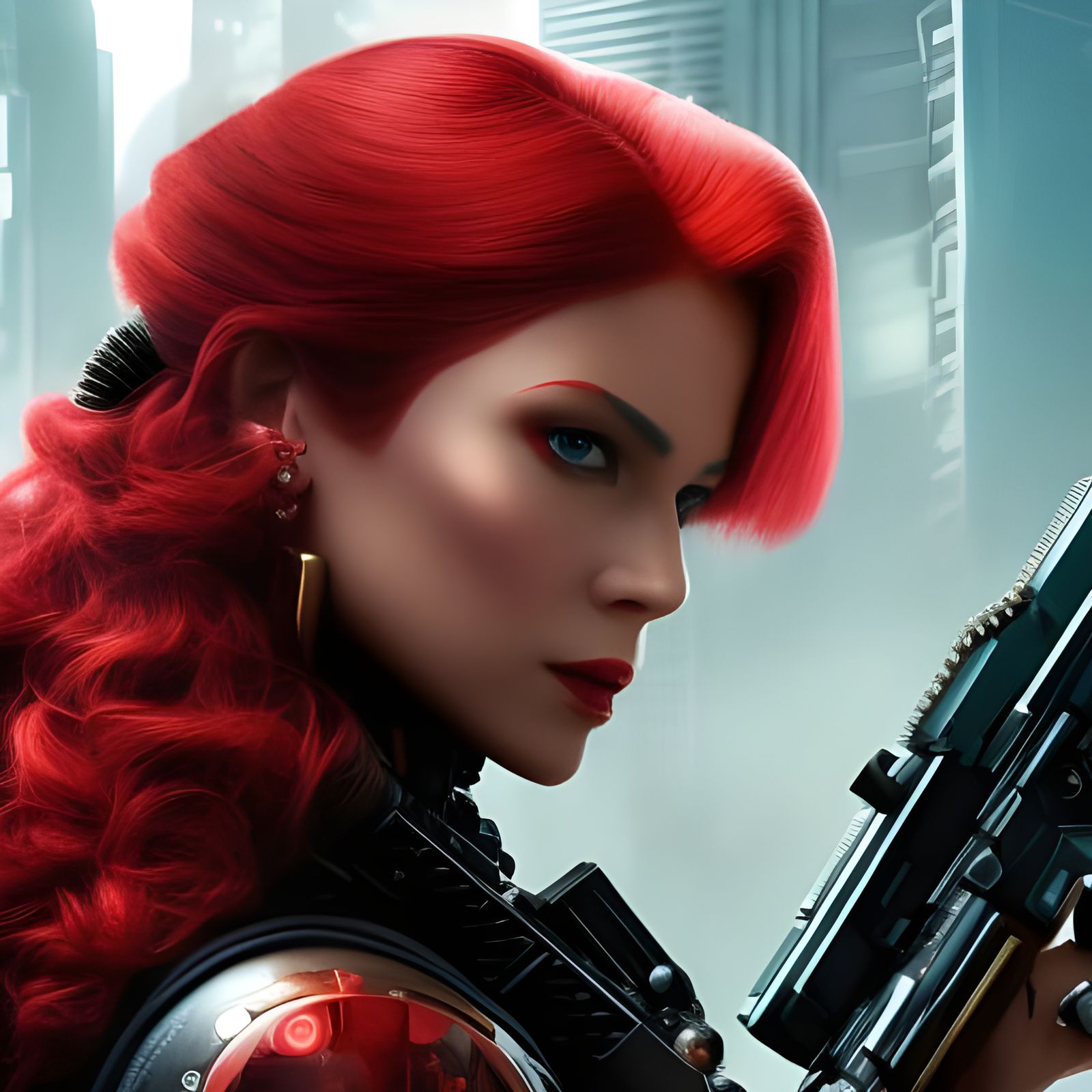 Cyberpunk Woman with Gun, Detailed Digital Art