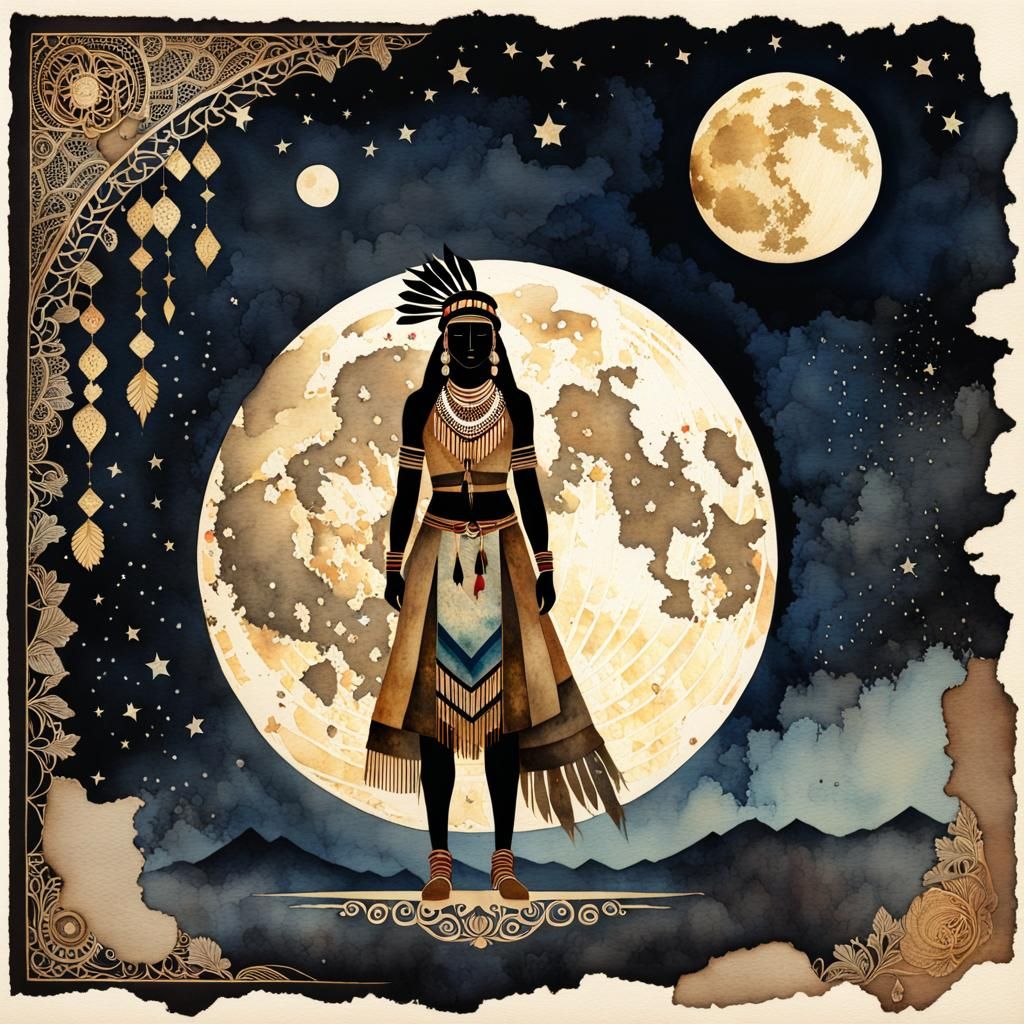 Indigenous American Justice: Watercolor Portrait with Moon