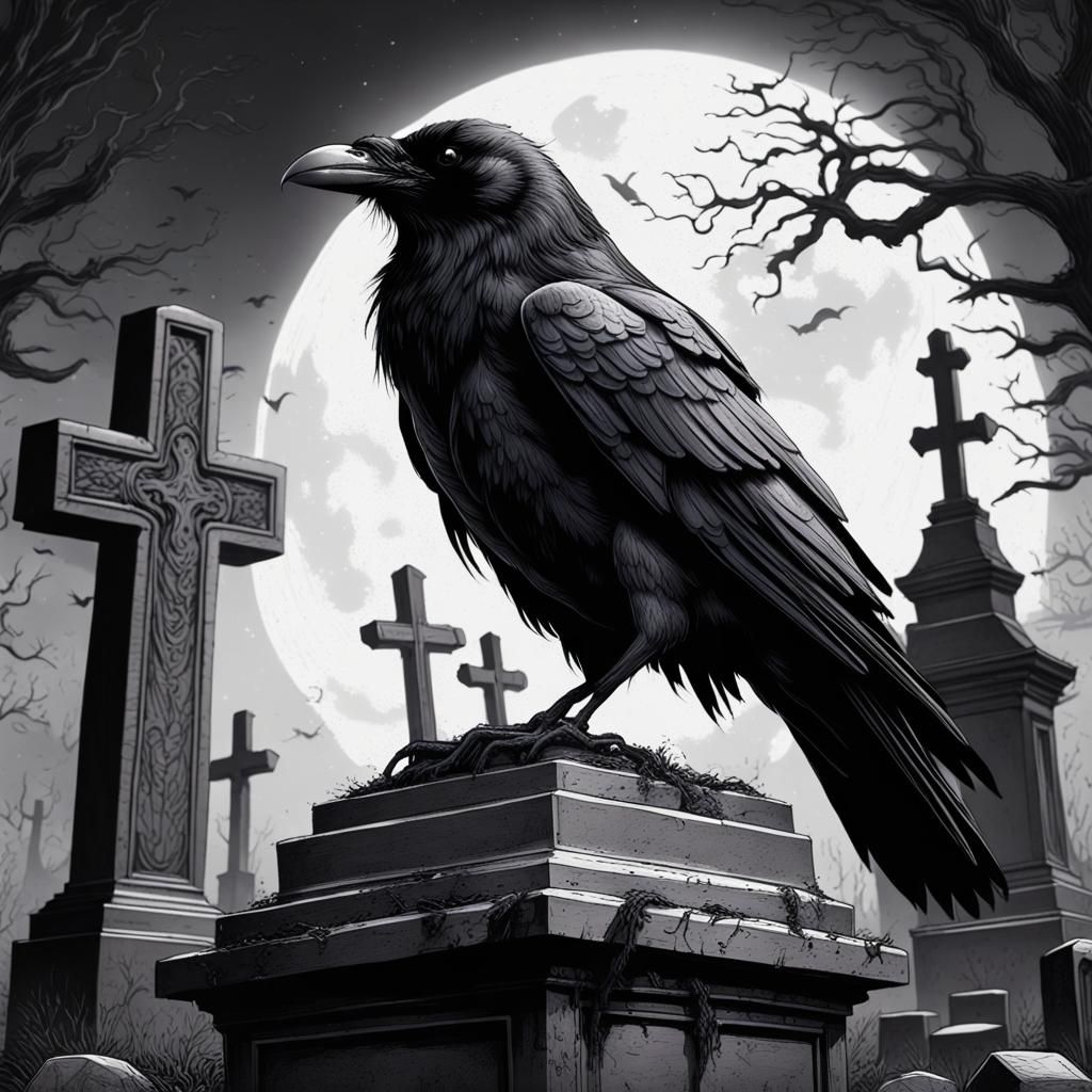Moonlit Raven in Cemetery: Detailed Ink Drawing