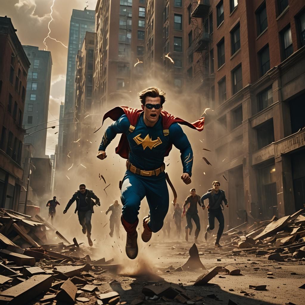 Superhero Battle Seen from Below: A Cinematic Still