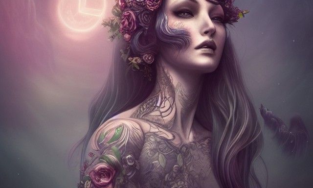 Ethereal Tattooed Goddess in Graveyard, Maximalist Art