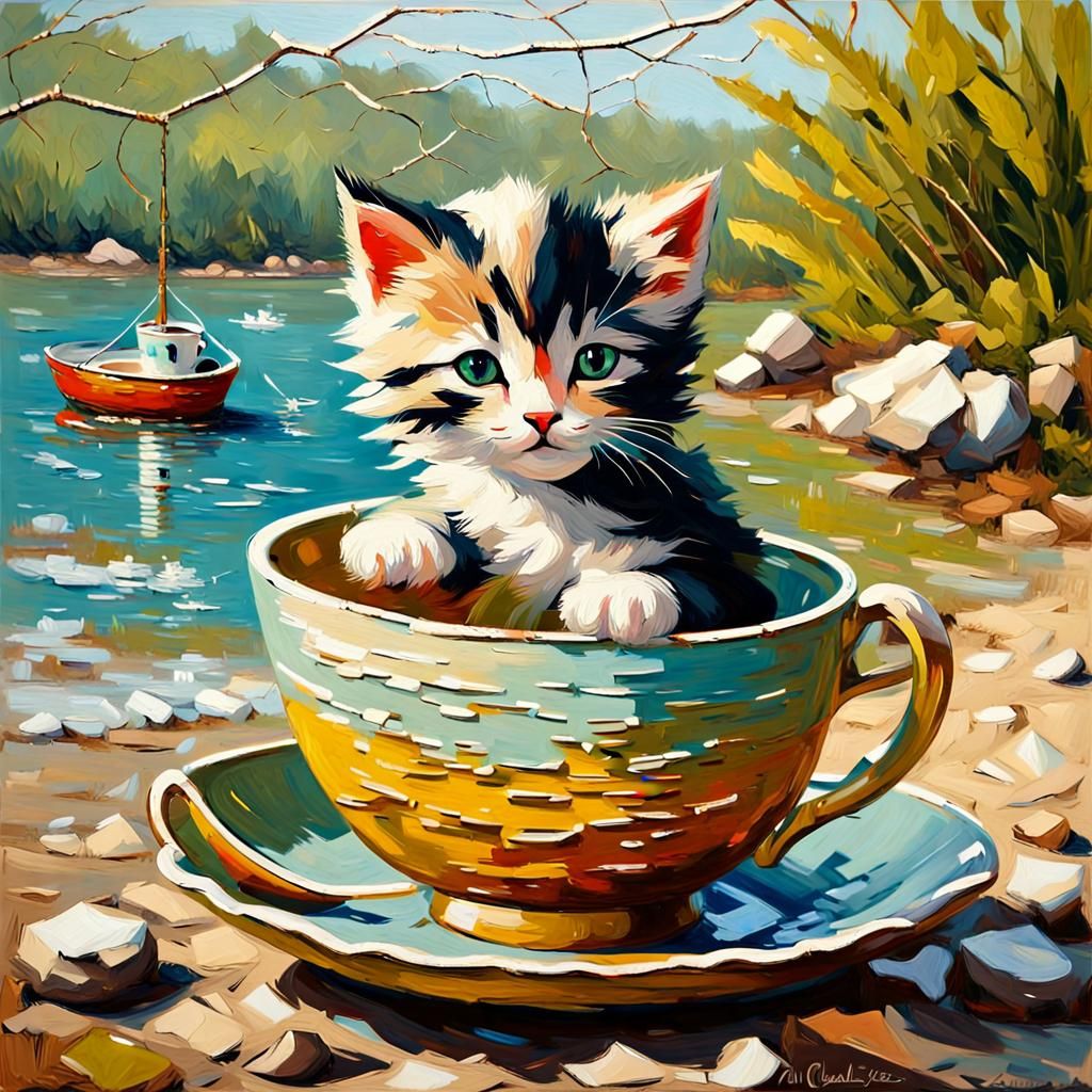 Vintage Kitten in Teacup: Impasto Oil Painting