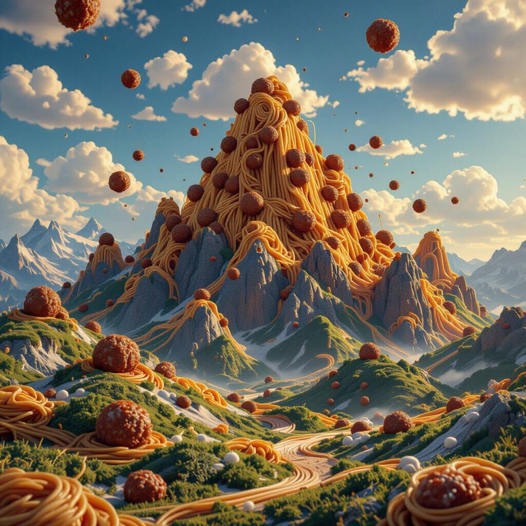 Whimsical Spaghetti Mountains Under Golden Sunlight