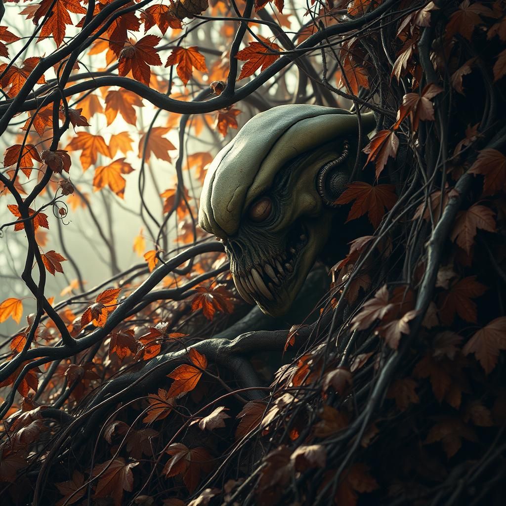 Grotesque Humanoid Monster Lurking in Autumn Leaves