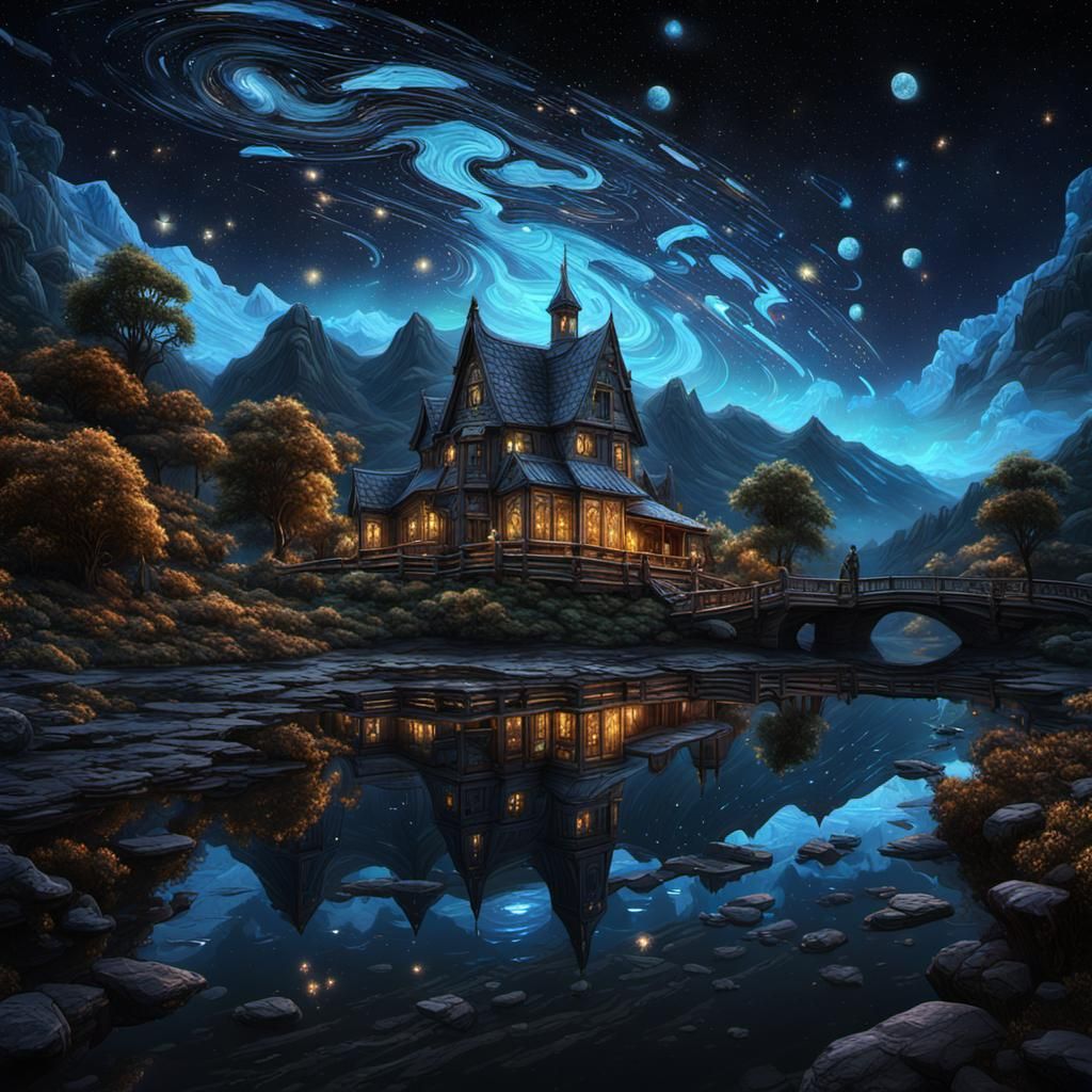 Starry Night Masterpiece: Detailed Fantasy Art