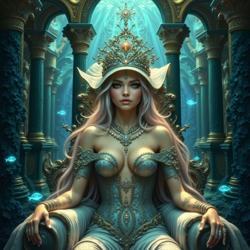 Art Nouveau Queen on Shell Throne in Underwater Palace