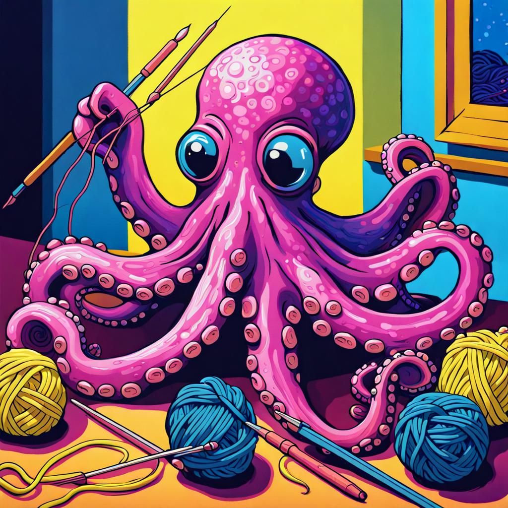 Playful Octopus Learns to Knit: Impasto Blacklight Painting