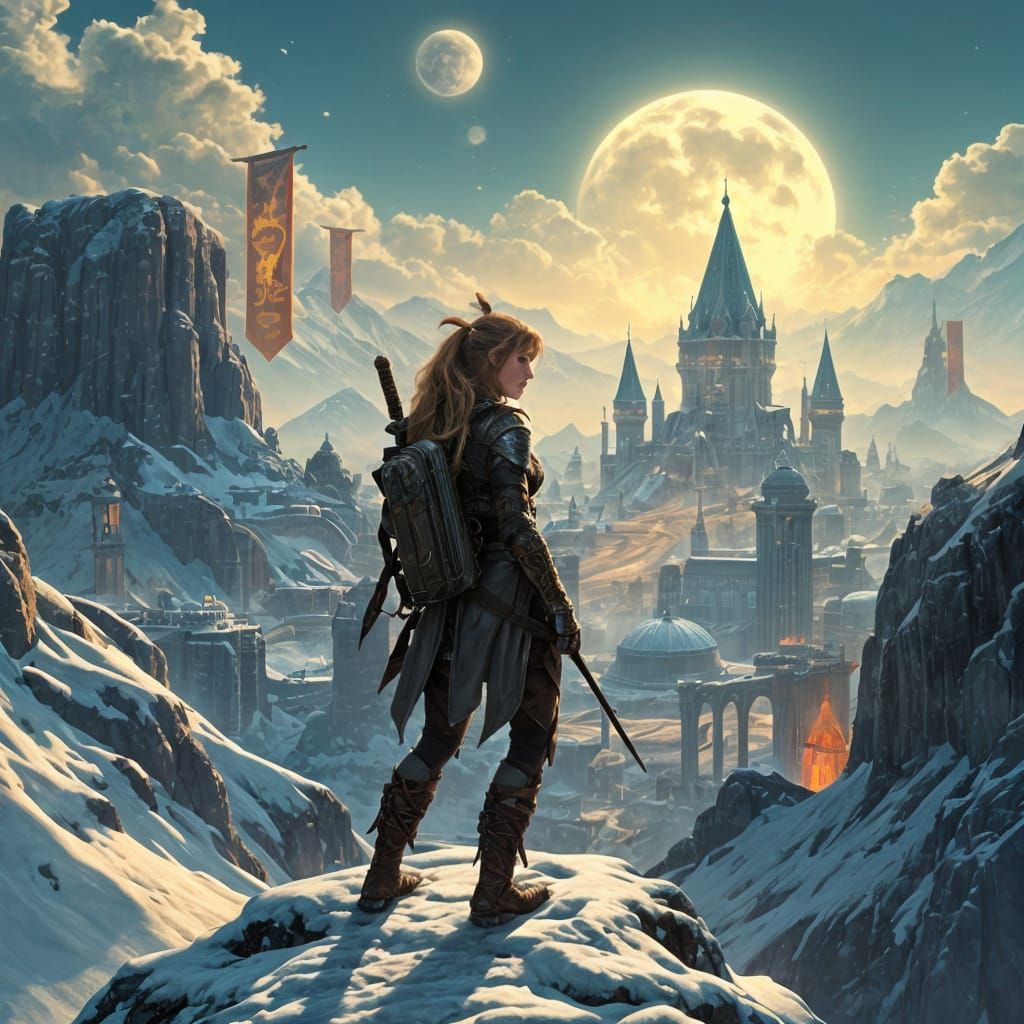 Elf Ranger Overlooks Cyberpunk City in Art Nouveau Style