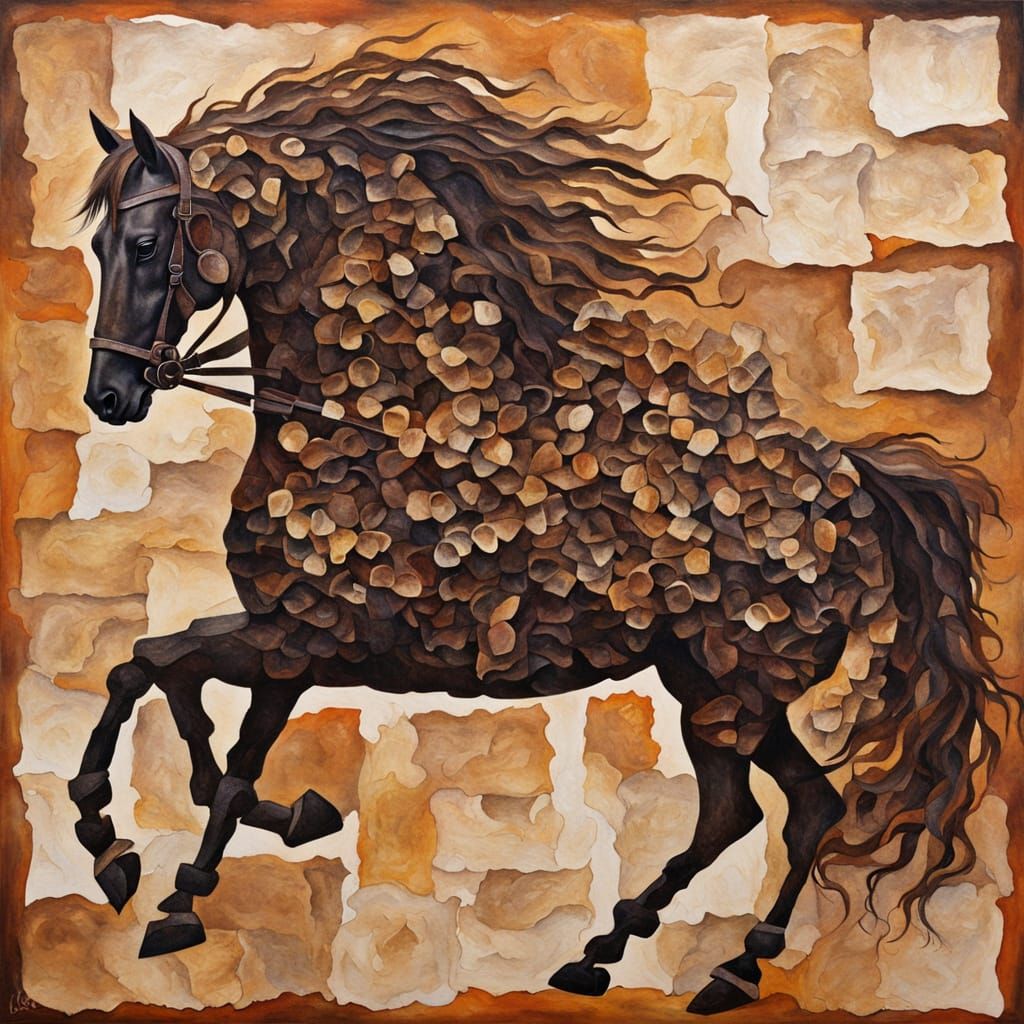 Knight's Horse Made of Tea Bags in Oil Painting Style