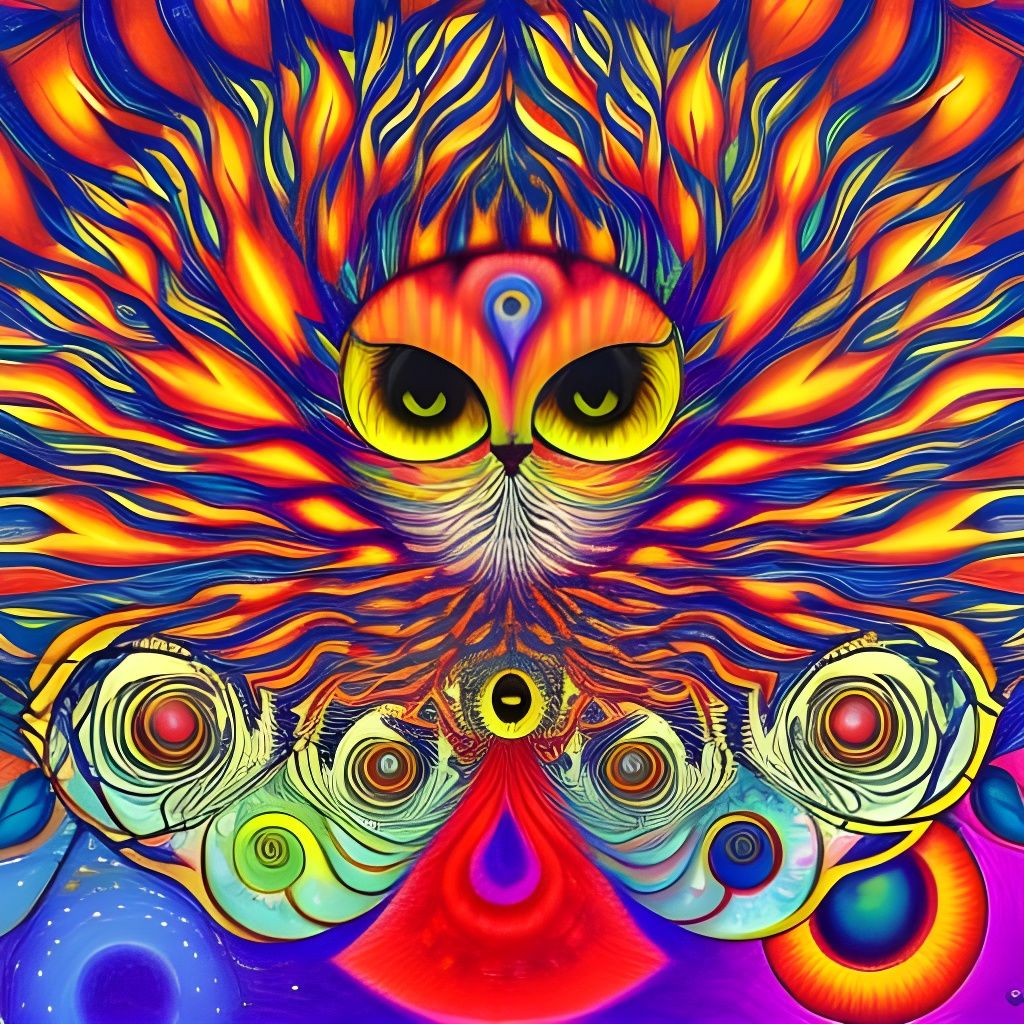 Psychedelic Cat in Colorful, Mystical Illustration