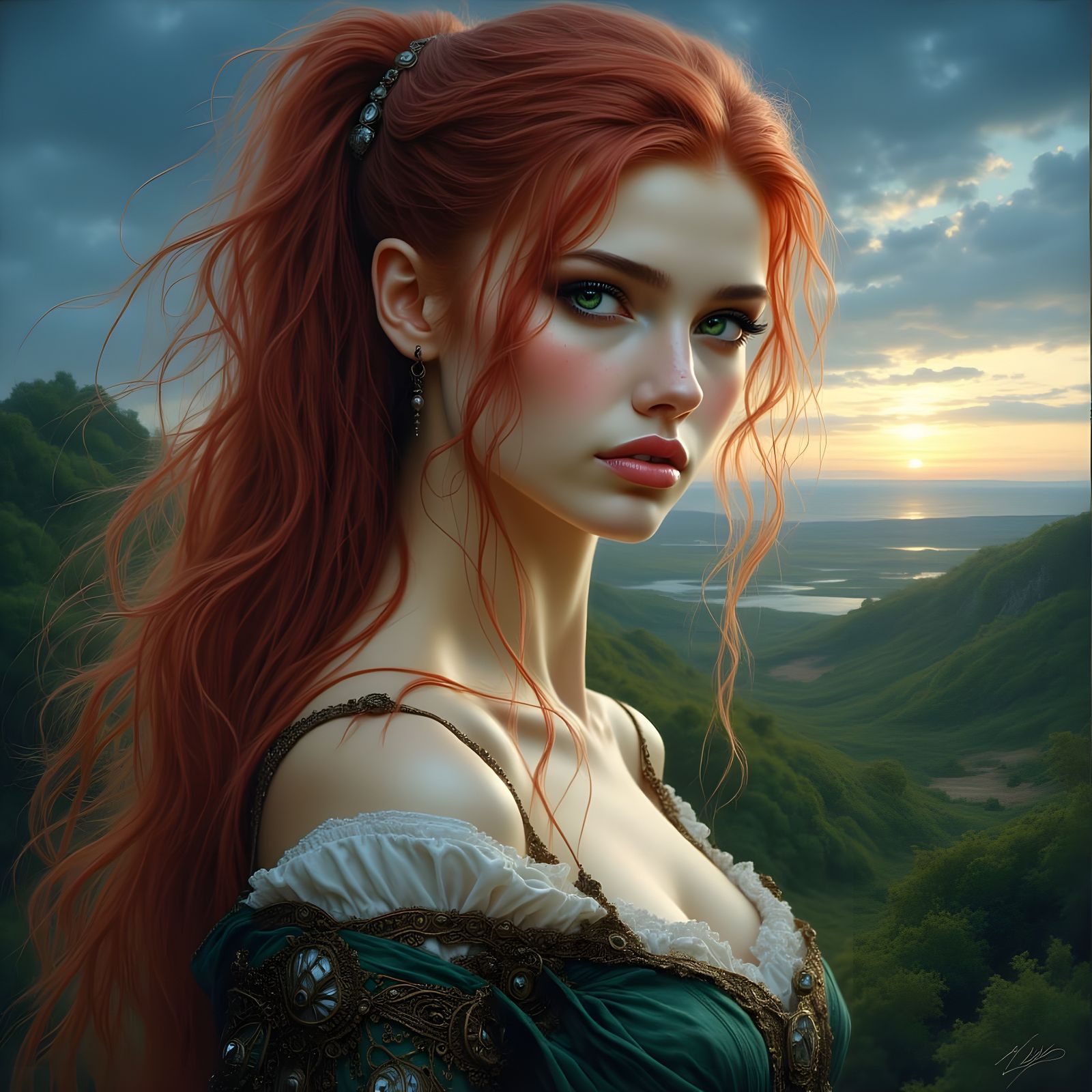 Norse Goddess with Penny Red Hair in Pre-Dawn Light