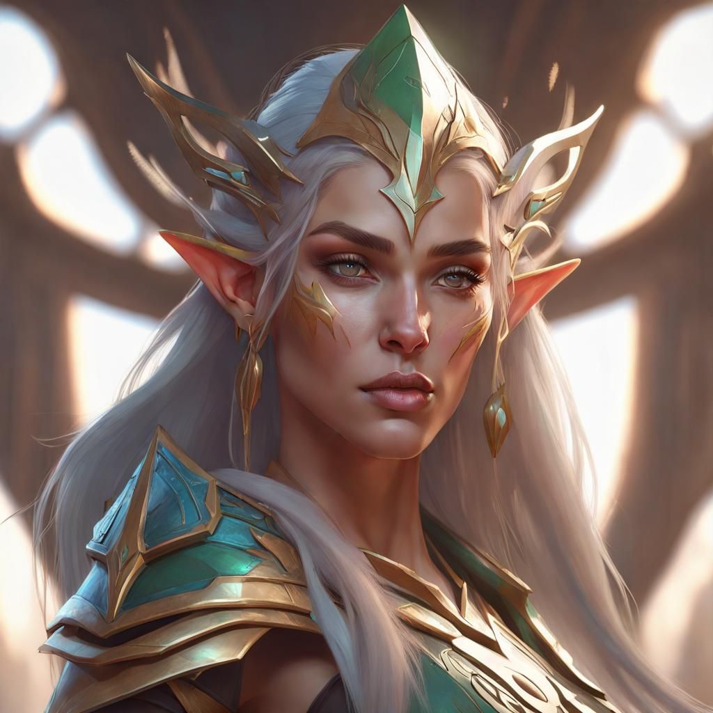 Detailed Elf Warrior Portrait in Art Nouveau Style