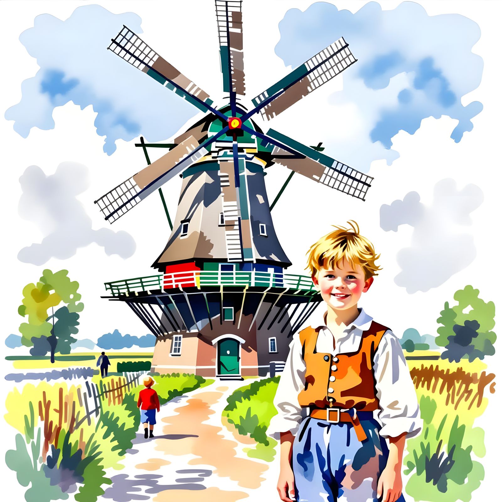 Unfinished Watercolor of Dutch Windmill and Boy