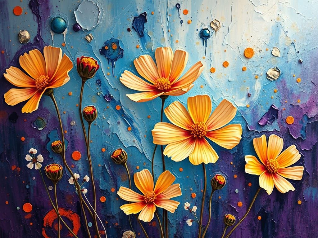 Vibrant Cosmos Bush Blooms in Impasto Expressionist Oil Pain...