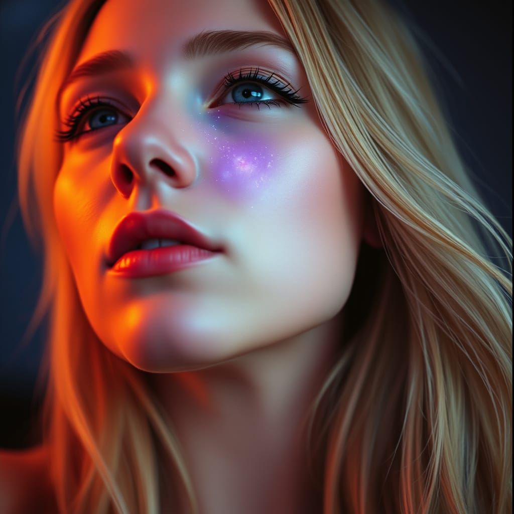 Beautiful Blonde Woman Against Cosmic Galaxy Backdrop