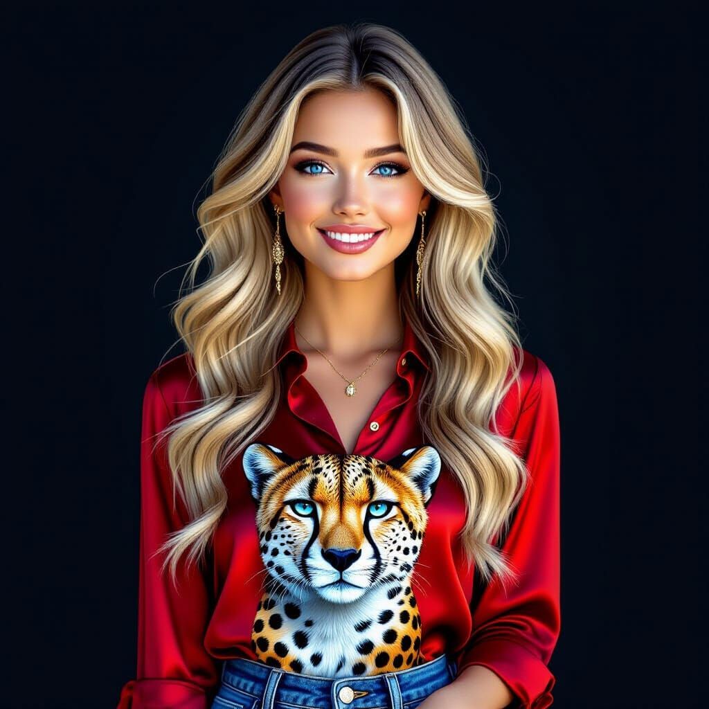 Blonde Girl Portrait with Cheetah Blouse in 3D Style
