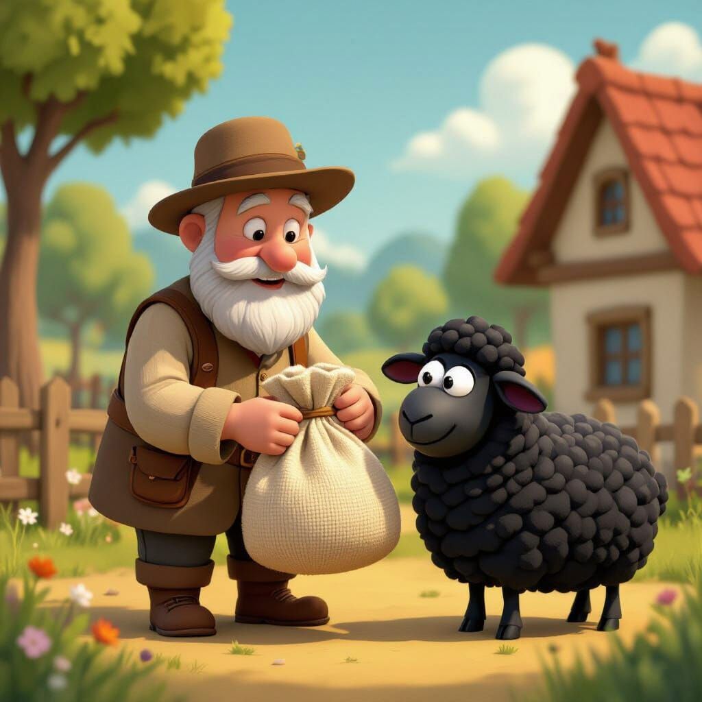 Kind Villager Receives Wool Bag from Cute Black Sheep