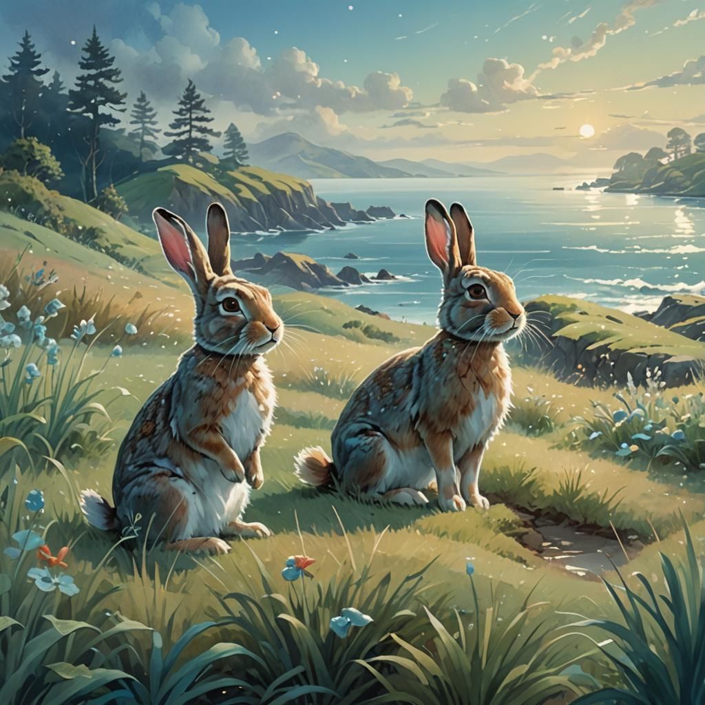 Whimsical Rabbits Seek Food by the Sea