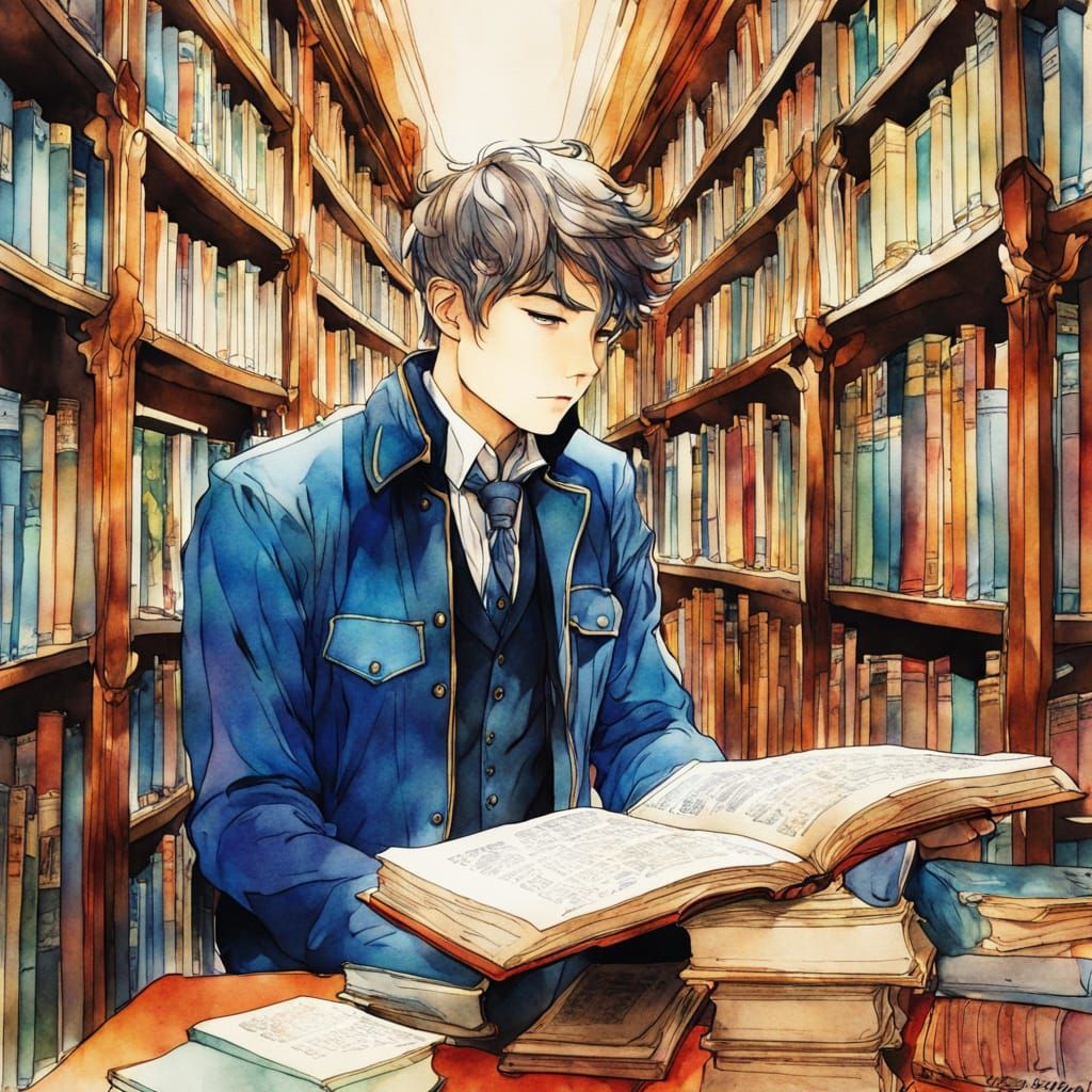 Colorful Manga Boy in Library Watercolor